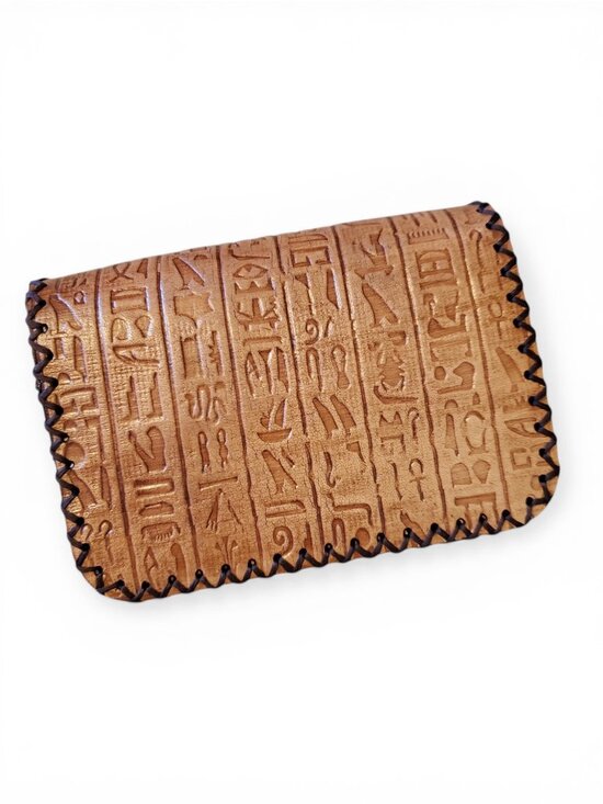 Vintage Handbags - Vintage Leather Wallet Embossed Egyptian Hieroglyphics Pattern OOAK